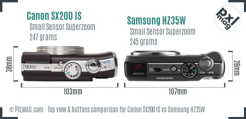 Canon SX200 IS vs Samsung HZ35W top view buttons comparison Canon SX200 IS vs Samsung HZ35W top view buttons comparison