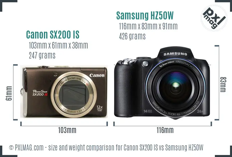 Canon SX200 IS vs Samsung HZ50W size comparison