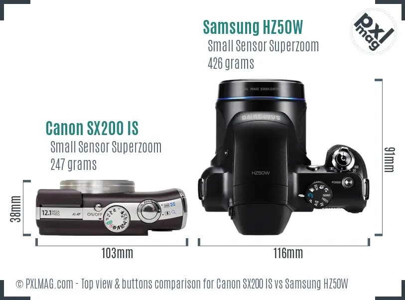 Canon SX200 IS vs Samsung HZ50W top view buttons comparison