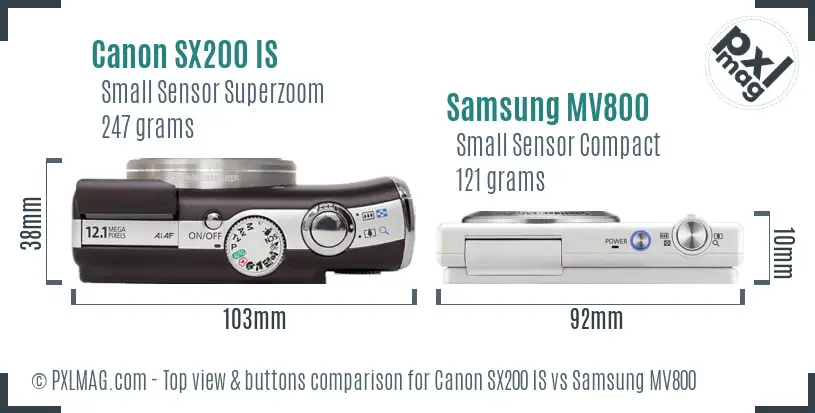 Canon SX200 IS vs Samsung MV800 top view buttons comparison