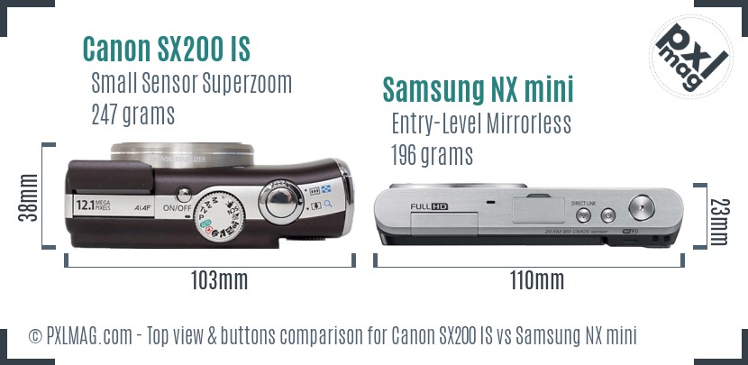 Canon SX200 IS vs Samsung NX mini top view buttons comparison