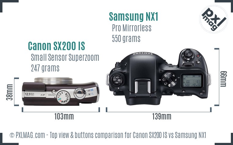 Canon SX200 IS vs Samsung NX1 top view buttons comparison