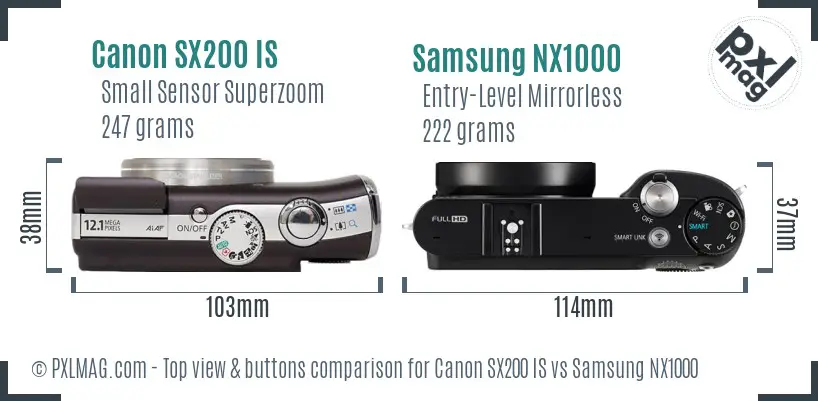 Canon SX200 IS vs Samsung NX1000 top view buttons comparison