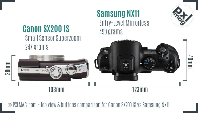 Canon SX200 IS vs Samsung NX11 top view buttons comparison Canon SX200 IS vs Samsung NX11 top view buttons comparison