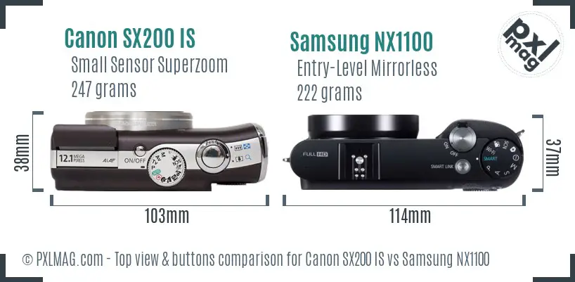 Canon SX200 IS vs Samsung NX1100 top view buttons comparison