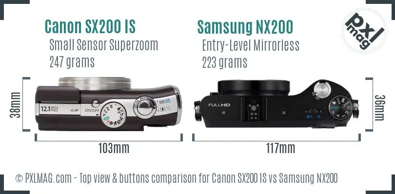 Canon SX200 IS vs Samsung NX200 top view buttons comparison