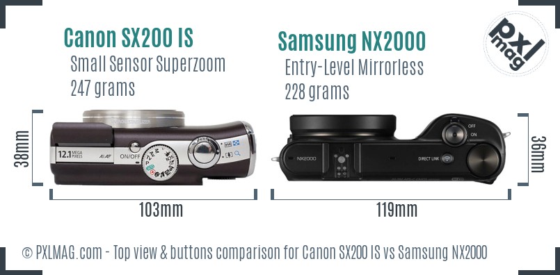 Canon SX200 IS vs Samsung NX2000 top view buttons comparison