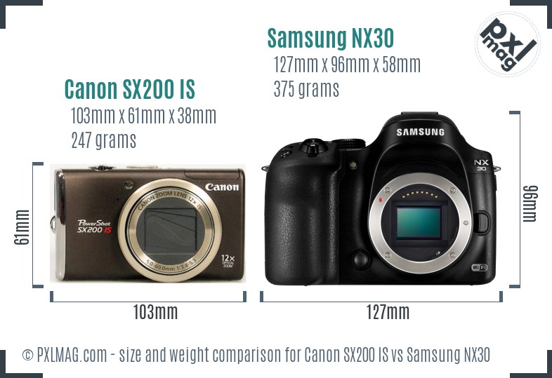 Canon SX200 IS vs Samsung NX30 size comparison
