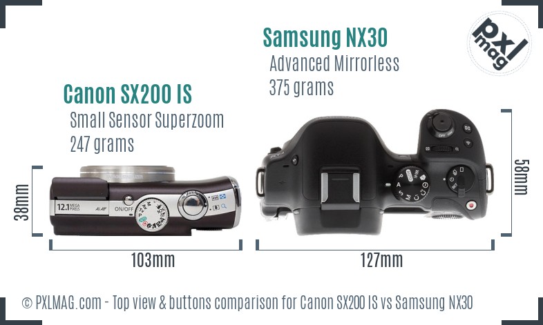 Canon SX200 IS vs Samsung NX30 top view buttons comparison