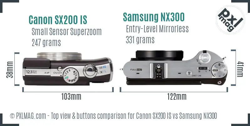 Canon SX200 IS vs Samsung NX300 top view buttons comparison Canon SX200 IS vs Samsung NX300 top view buttons comparison