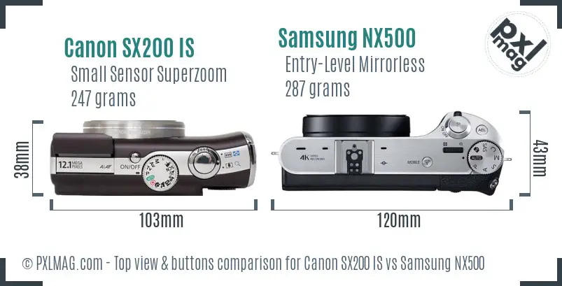 Canon SX200 IS vs Samsung NX500 top view buttons comparison