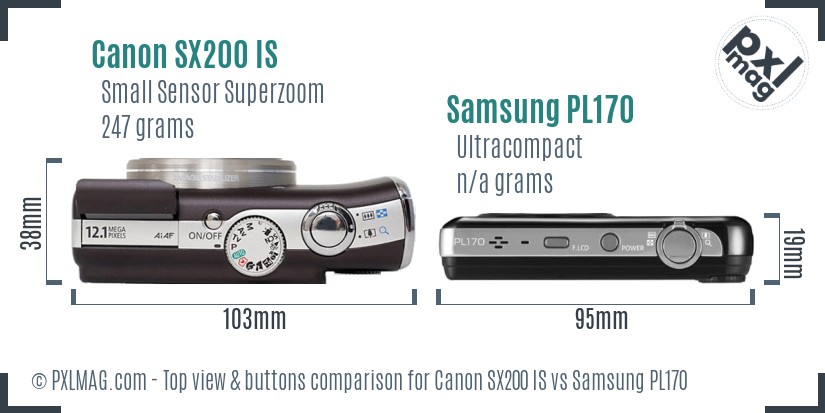 Canon SX200 IS vs Samsung PL170 top view buttons comparison
