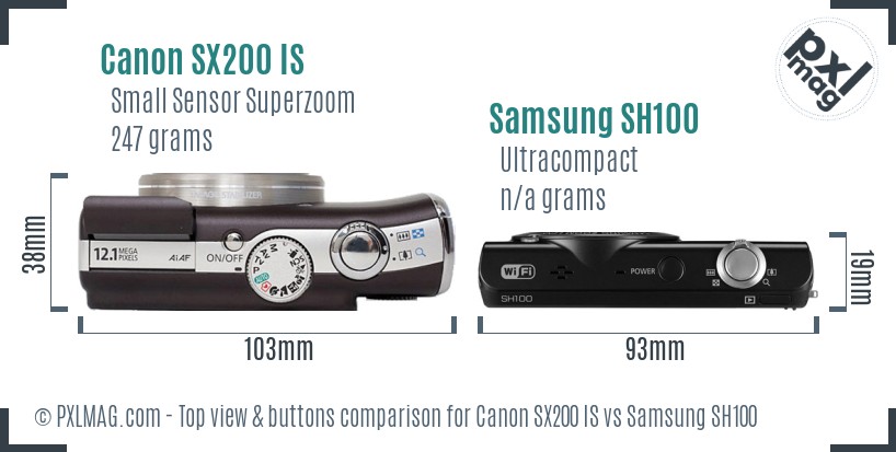 Canon SX200 IS vs Samsung SH100 top view buttons comparison