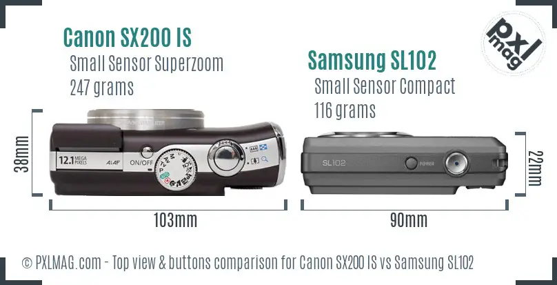 Canon SX200 IS vs Samsung SL102 top view buttons comparison