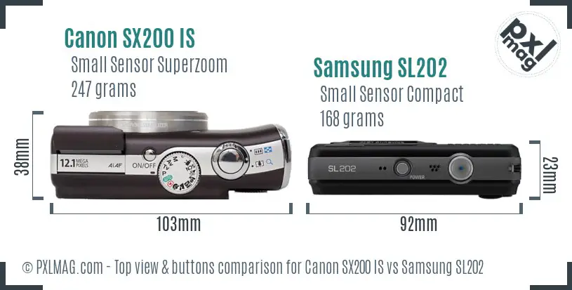 Canon SX200 IS vs Samsung SL202 top view buttons comparison