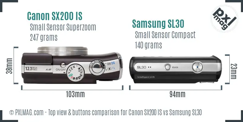 Canon SX200 IS vs Samsung SL30 top view buttons comparison