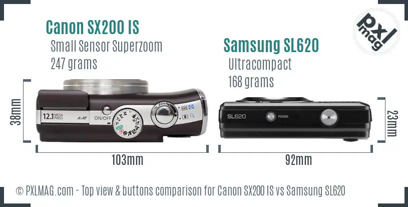 Canon SX200 IS vs Samsung SL620 top view buttons comparison