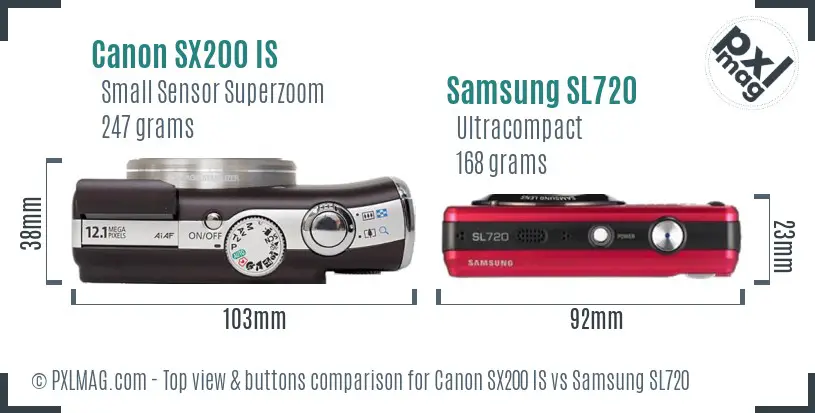 Canon SX200 IS vs Samsung SL720 top view buttons comparison