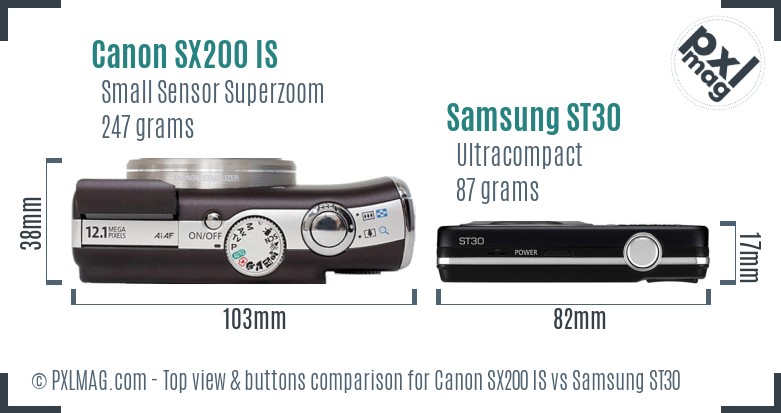 Canon SX200 IS vs Samsung ST30 top view buttons comparison