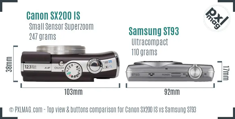 Canon SX200 IS vs Samsung ST93 top view buttons comparison