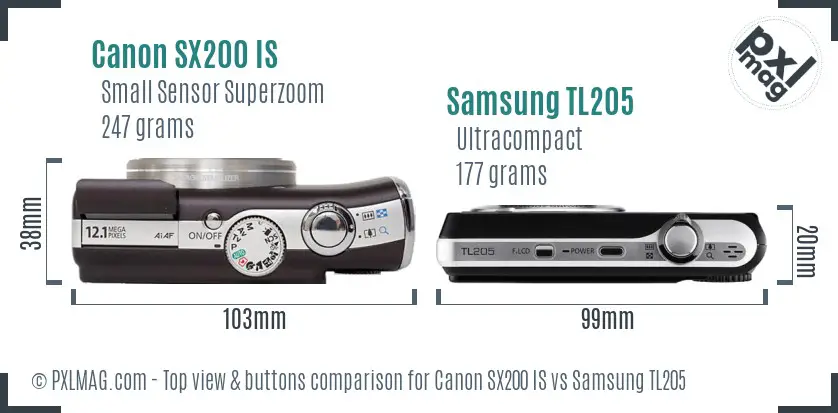 Canon SX200 IS vs Samsung TL205 top view buttons comparison