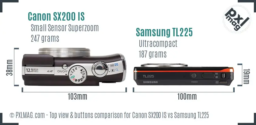 Canon SX200 IS vs Samsung TL225 top view buttons comparison Canon SX200 IS vs Samsung TL225 top view buttons comparison