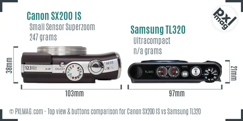 Canon SX200 IS vs Samsung TL320 top view buttons comparison Canon SX200 IS vs Samsung TL320 top view buttons comparison