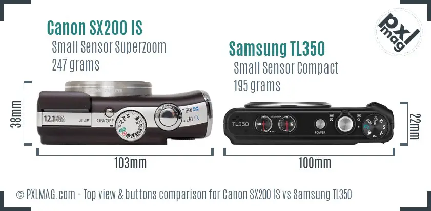 Canon SX200 IS vs Samsung TL350 top view buttons comparison