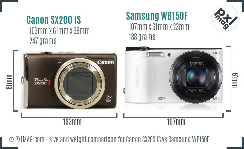 Canon SX200 IS vs Samsung WB150F size comparison