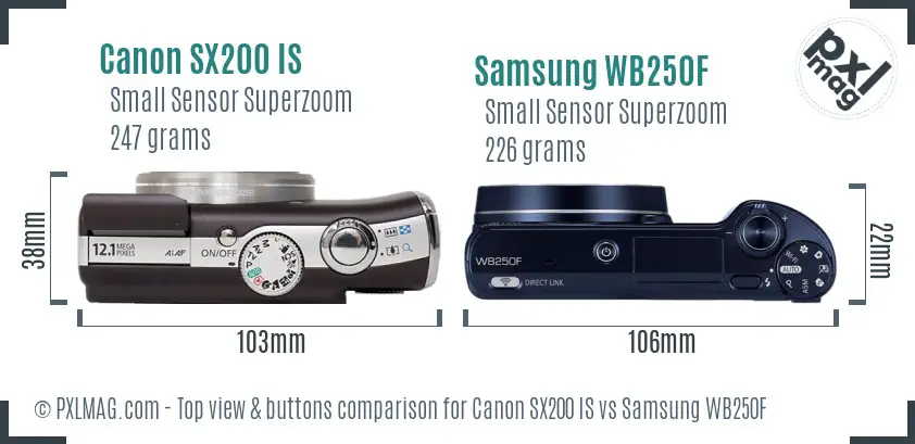 Canon SX200 IS vs Samsung WB250F top view buttons comparison