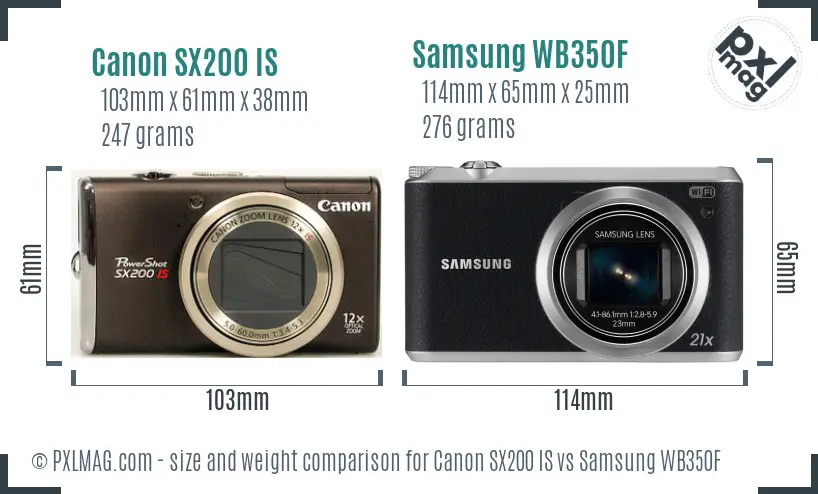 Canon SX200 IS vs Samsung WB350F size comparison