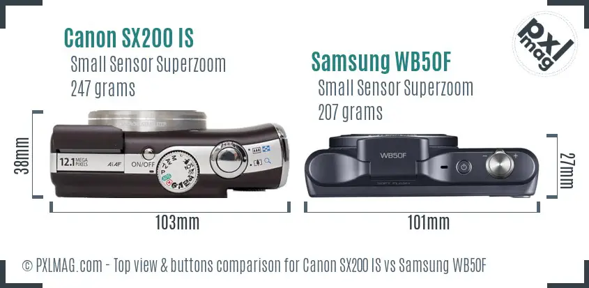 Canon SX200 IS vs Samsung WB50F top view buttons comparison