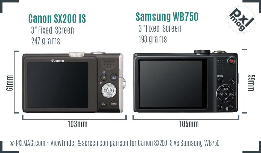 Canon SX200 IS vs Samsung WB750 Screen and Viewfinder comparison