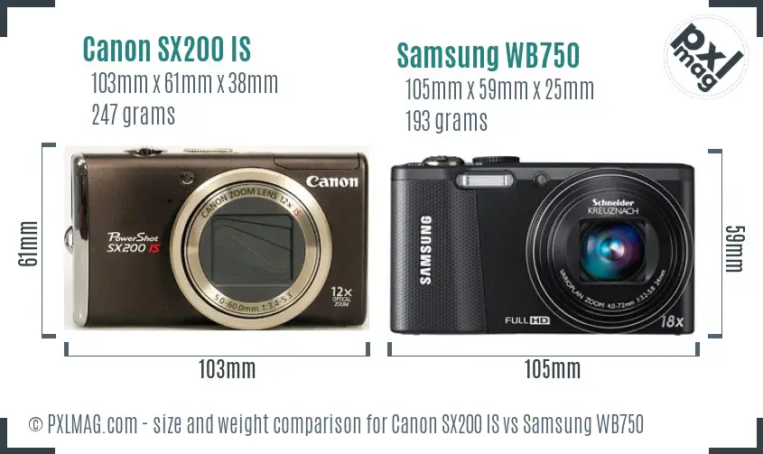 Canon SX200 IS vs Samsung WB750 size comparison