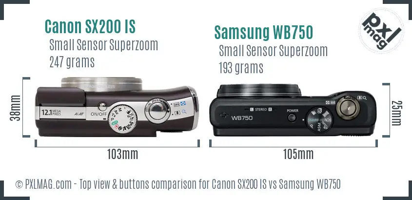 Canon SX200 IS vs Samsung WB750 top view buttons comparison