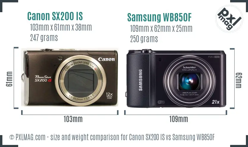 Canon SX200 IS vs Samsung WB850F size comparison