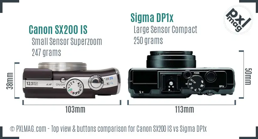 Canon SX200 IS vs Sigma DP1x top view buttons comparison Canon SX200 IS vs Sigma DP1x top view buttons comparison
