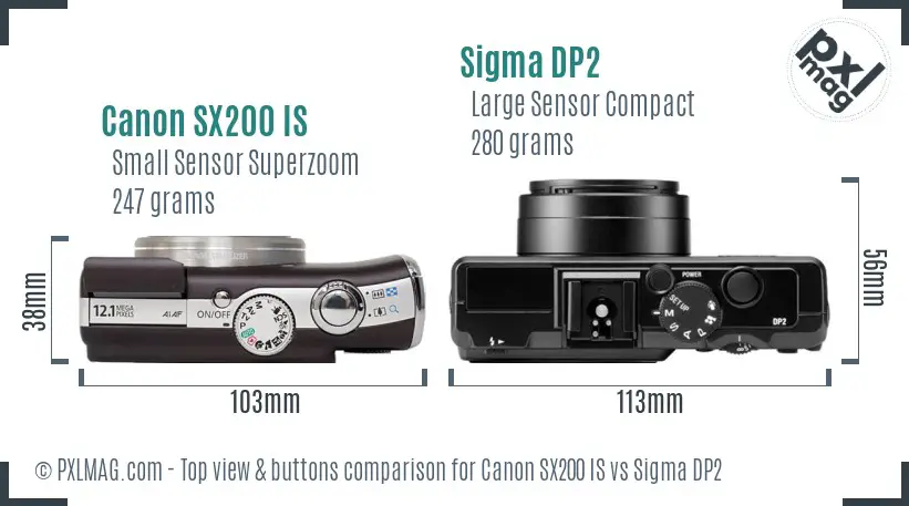 Canon SX200 IS vs Sigma DP2 top view buttons comparison