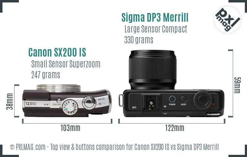 Canon SX200 IS vs Sigma DP3 Merrill top view buttons comparison