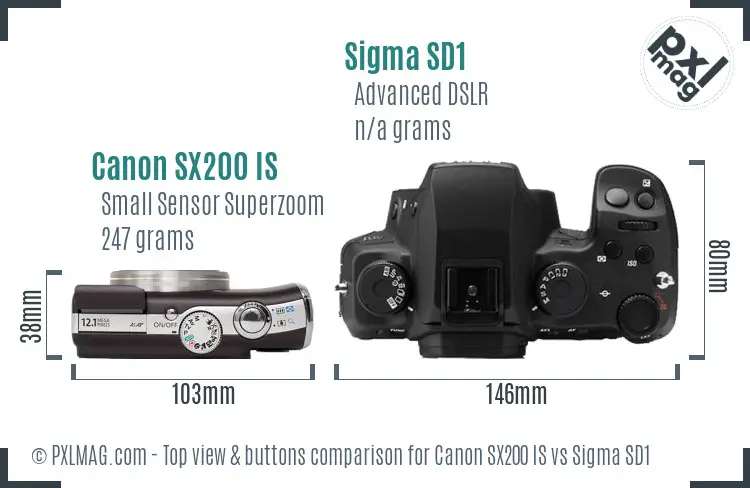 Canon SX200 IS vs Sigma SD1 top view buttons comparison