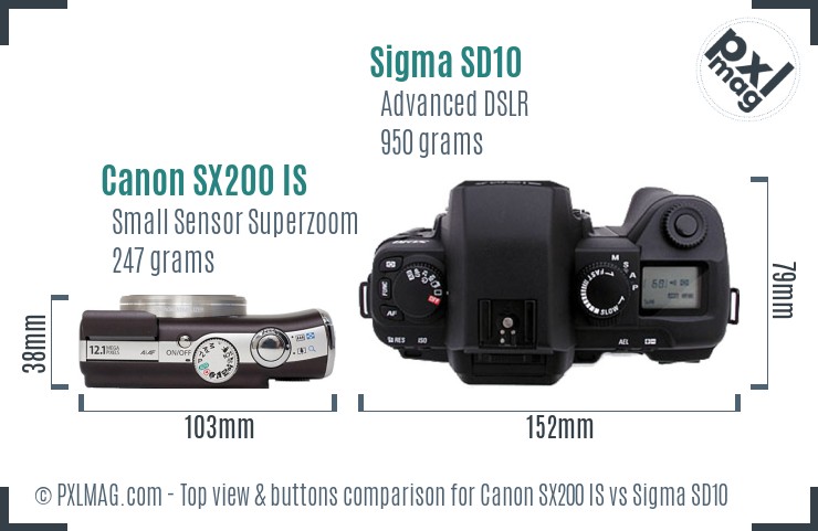 Canon SX200 IS vs Sigma SD10 top view buttons comparison