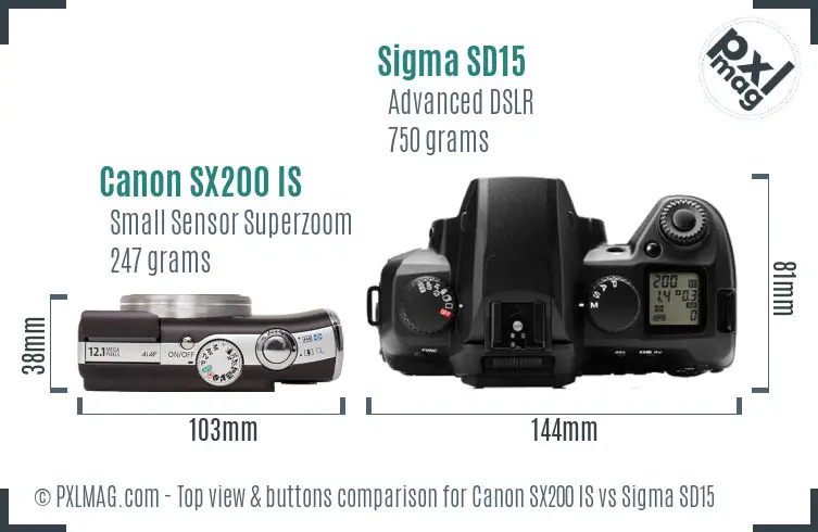 Canon SX200 IS vs Sigma SD15 top view buttons comparison