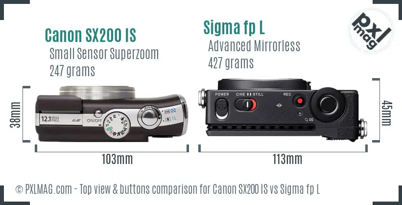 Canon SX200 IS vs Sigma fp L top view buttons comparison Canon SX200 IS vs Sigma fp L top view buttons comparison