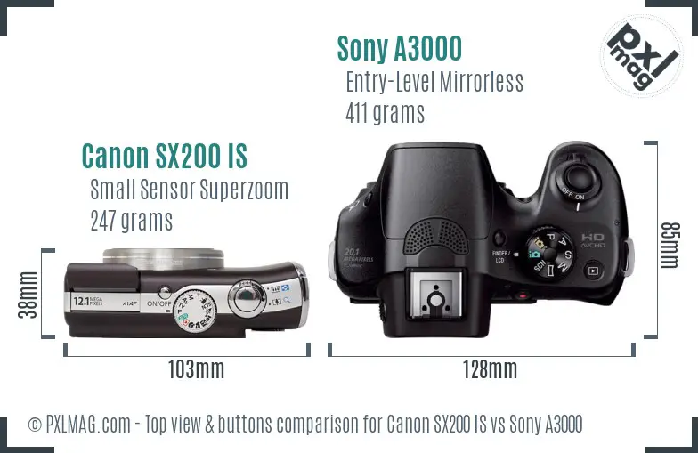 Canon SX200 IS vs Sony A3000 top view buttons comparison