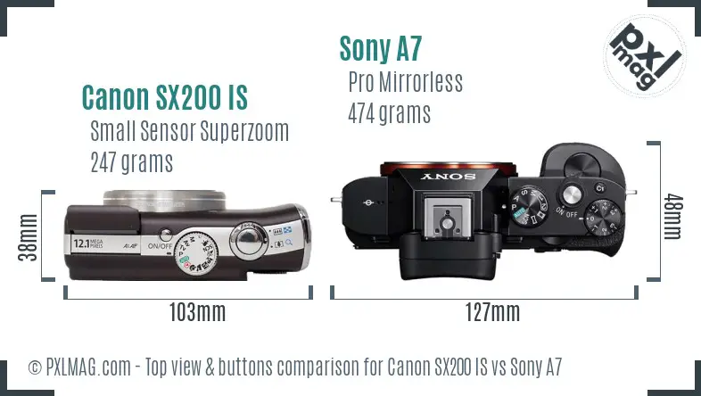 Canon SX200 IS vs Sony A7 top view buttons comparison Canon SX200 IS vs Sony A7 top view buttons comparison