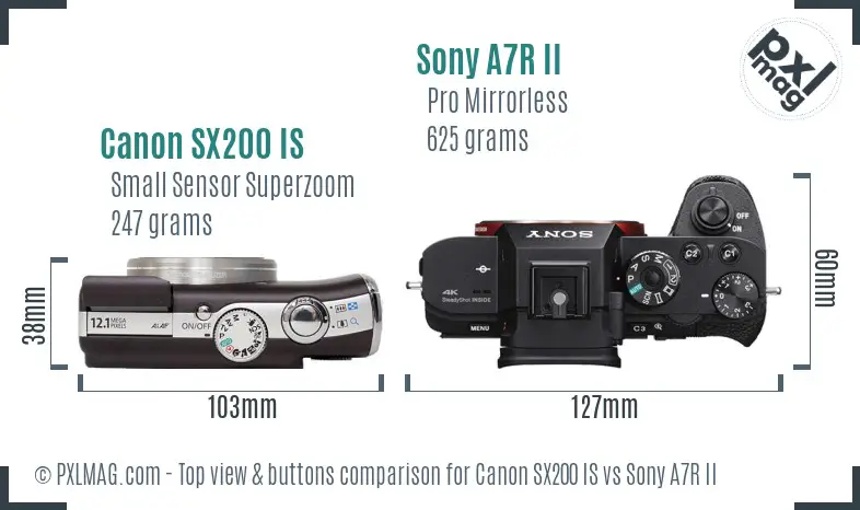 Canon SX200 IS vs Sony A7R II top view buttons comparison