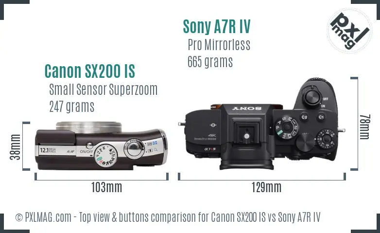 Canon SX200 IS vs Sony A7R IV top view buttons comparison