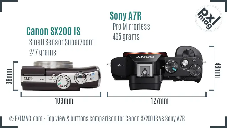 Canon SX200 IS vs Sony A7R top view buttons comparison