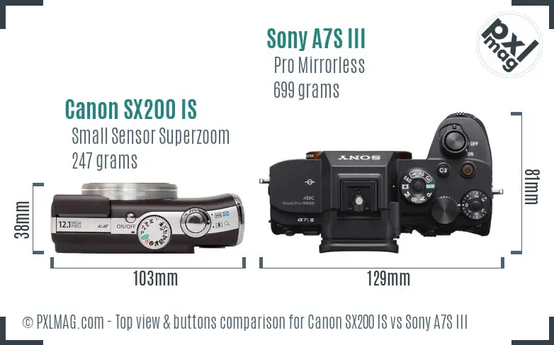 Canon SX200 IS vs Sony A7S III top view buttons comparison Canon SX200 IS vs Sony A7S III top view buttons comparison