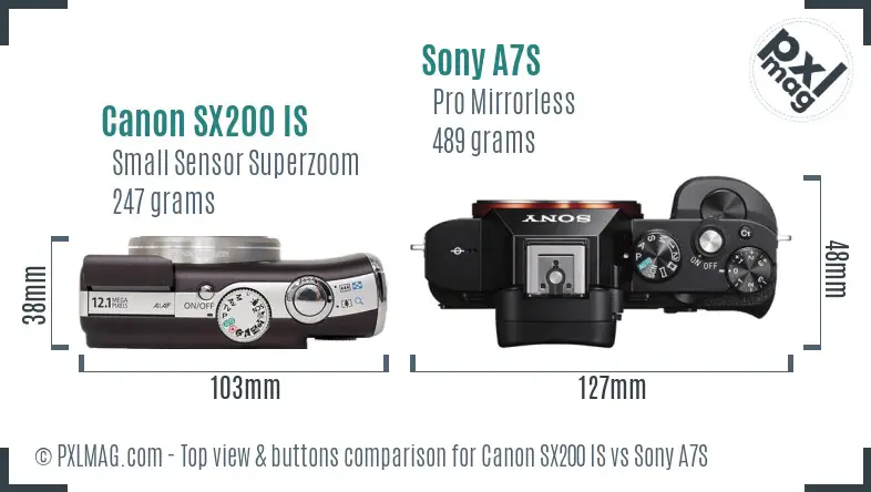 Canon SX200 IS vs Sony A7S top view buttons comparison